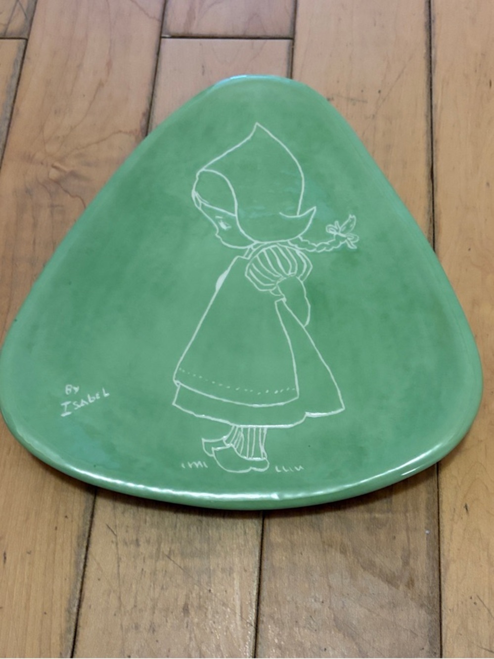 VintageHand-Painted Green Triangle Plate with Girl Illustration signed by Isabel